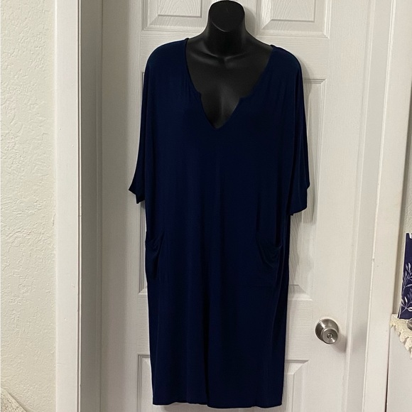 Ink + Ivy  Med Blouson Knit Double V Neck Midi Dress Blue 3/4 Sleeve BohoCore - Picture 5 of 5